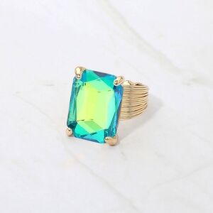 Abalone Green Emerald Cut Crystal Adjustable Ring Fashion Statement Jewelry